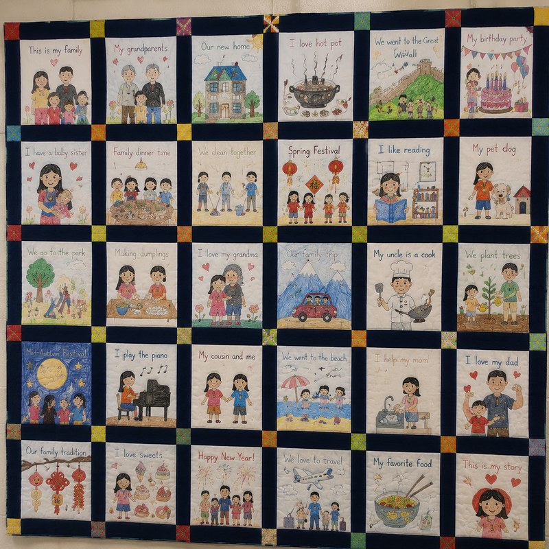 Story quilt made of student squares about family life in Chongqing