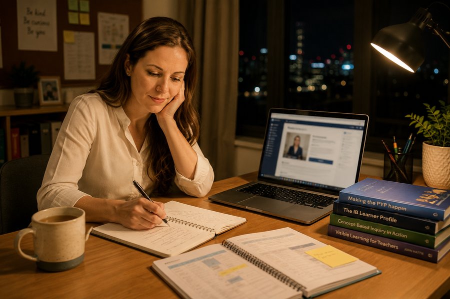 Teacher studying at her desk in the evening with IB texts and coursework