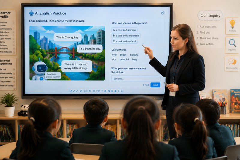 Teacher using an AI-powered English practice activity on the interactive whiteboard