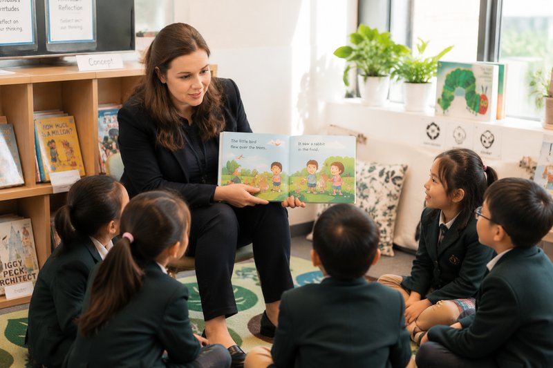 Teacher reading a picture book aloud to young language learners