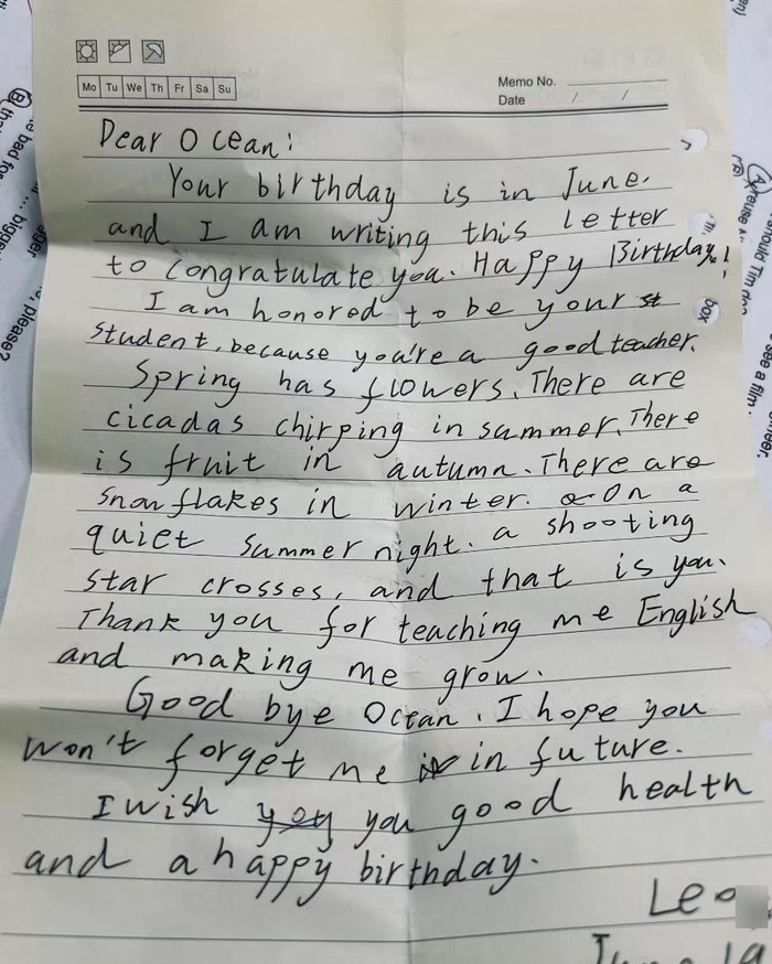 A handwritten letter in English from a Grade 6 student