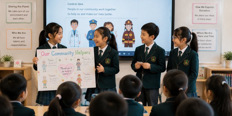 Students presenting a Community Helpers project to their class